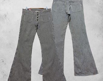 W32 Vintage Brugus Plus Hickory Stripe Flare Jeans Button Fly Bell Bottom Denim Pants Size 32x30