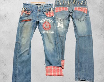 W32 Vintage DOMINATE Topfighter Prorecord Denim Jeans Double Waist Y2K Japanese Streetwear Plaid Cuffs Size 32x32