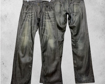 W33 Vintage Back Number Waxed Distressed Denim Jeans Y2K Japanese Streetwear Claw Mark Fade Size 33x32