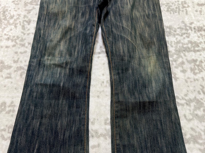 W31 Vintage Edwin 503 Slitna Utsvängda Denim Jeans Med Broderi Japansk Y2K Arkivmodell Storlek 31x27 bild 7