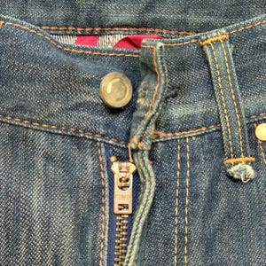 W31 Vintage Edwin 503 Slitna Utsvängda Denim Jeans Med Broderi Japansk Y2K Arkivmodell Storlek 31x27 bild 9