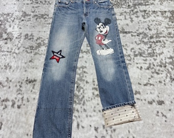 Jean vintage Disney Mickey et Minnie Mouse à écussons, années 90, denim graphique, taille W30x30