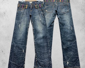 W33 Vintage Nylaus Clothing Dubbelmidjade Y2K-jeans med slitna, syratvättade, japanska denimjeans, storlek W33x33
