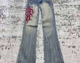 Vintage Southpole Y2K Flared Denim Jeans Tribal Embroidery Bold Graphic Washed Streetwear Hip Hop 90s Pants Size 29x33