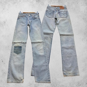 W27 Vintage Levi’s 501 Straight Leg Distressed Jeans Light Wash Patchwork Repaired Denim Size 27x33