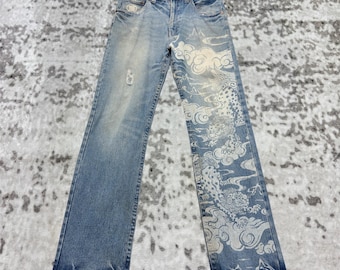 Vintage Karakuri Tamashii Dragon Acid Wash Denim Jeans Distressed Japanese Sukajan Wagara Streetwear Pants Size W32x31