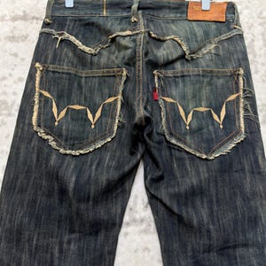 W31 Vintage Edwin 503 Slitna Utsvängda Denim Jeans Med Broderi Japansk Y2K Arkivmodell Storlek 31x27 bild 10