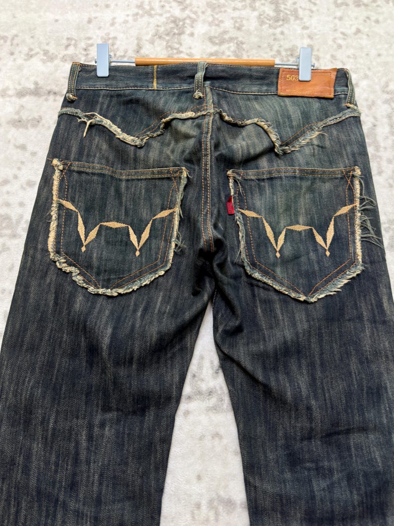 W31 Vintage Edwin 503 Slitna Utsvängda Denim Jeans Med Broderi Japansk Y2K Arkivmodell Storlek 31x27 bild 10