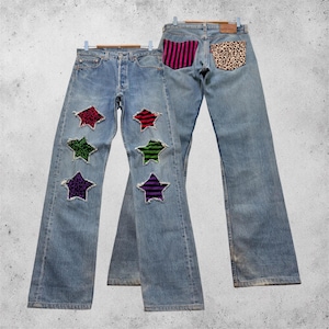 W30 Vintage Levi’s 501 Custom Star Patch Jeans – 90s Reworked Denim with Colorful Patchwork Size 30x32