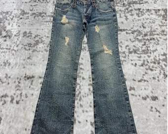 Lowbox Y2K Distressed Flare Jeans Studded Waist Bootcut Denim Ripped Grunge Size W31x29