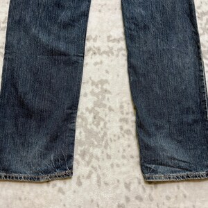 May include: Close-up of a pair of dark blue denim jeans. The jeans have a straight leg cut and are made of a textured denim fabric. The hem of the jeans is visible, showing the stitching detail.