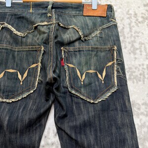 W31 Vintage Edwin 503 Slitna Utsvängda Denim Jeans Med Broderi Japansk Y2K Arkivmodell Storlek 31x27 bild 12