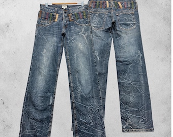 W29 Ropa vintage Nylaus Doble cintura Desgastada Estilo vaqueros desgastados Y2K Archivo japonés Ropa urbana Talla 29x30