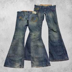 W32 Vintage ROXY Low Rise Flare Mud Washed Denim Y2K Surf Style Velvet Logo Jeans Size 32x32