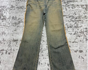 Pantalones vaqueros vintage Livre Claire Bootcut Denim con efecto desgastado, ribete de piel y bajo deshilachado, estilo Y2K, de diseñador japonés, talla 40x29.