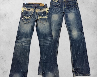 W29 Swell Jeans Y2K Gold Wing Back Pocket Patches Embroidered Denim Jeans Size 29x32