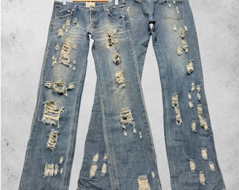 W30 Vintage Hit Project Distressed Ring Hardware Jeans, Japanese Y2K Grunge Light Wash Denim Pants Size 30x31
