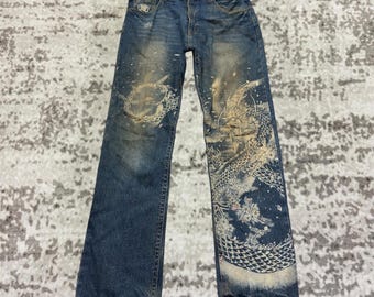W34 Jeans vintage Karakuri Tamashii Dragon Graphic Acid Wash Y2K Japanese Denim Talla 34x32