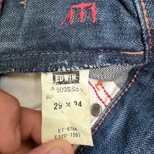 W31 Vintage Edwin 503 Slitna Utsvängda Denim Jeans Med Broderi Japansk Y2K Arkivmodell Storlek 31x27 bild 16