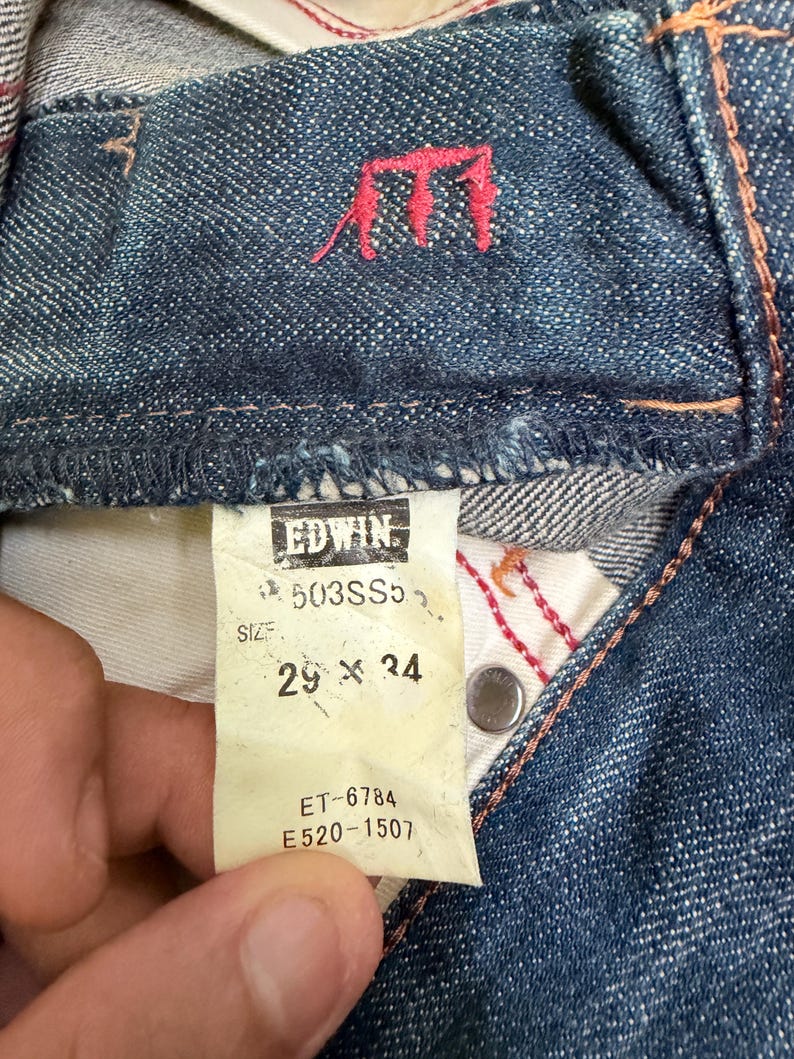 W31 Vintage Edwin 503 Slitna Utsvängda Denim Jeans Med Broderi Japansk Y2K Arkivmodell Storlek 31x27 bild 16