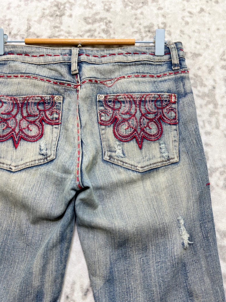 Vintage Southpole Y2K Flared Denim Jeans Tribal Embroidery Bold Graphic Washed Streetwear Hip Hop 90s Pants Size 29x33 image 13