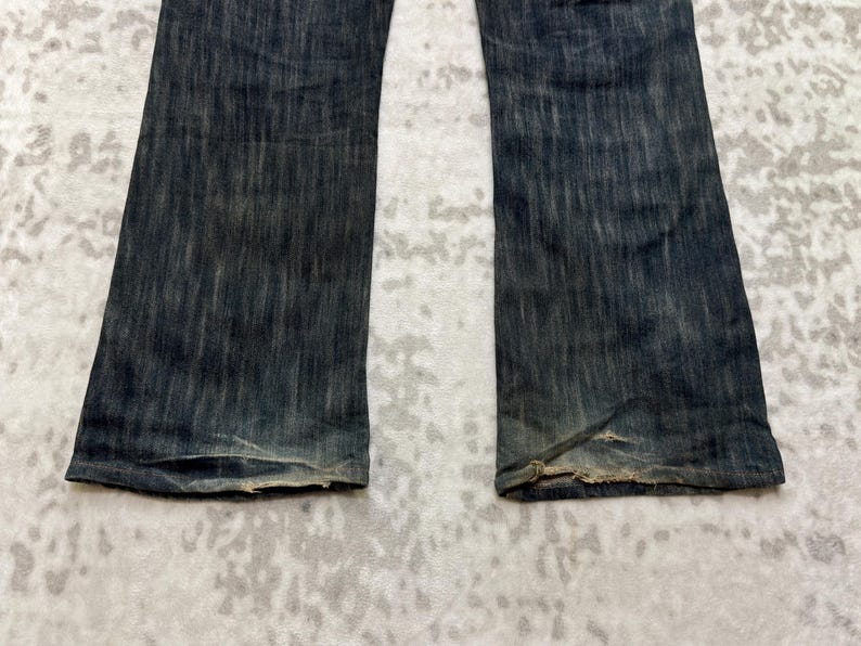 W31 Vintage Edwin 503 Slitna Utsvängda Denim Jeans Med Broderi Japansk Y2K Arkivmodell Storlek 31x27 bild 14