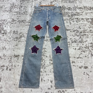 Vintage Levi’s 501 Custom Star Patch Jeans – 90s Reworked Denim with Colorful Patchwork Size W 30x32