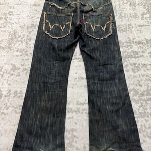 W31 Vintage Edwin 503 Slitna Utsvängda Denim Jeans Med Broderi Japansk Y2K Arkivmodell Storlek 31x27 bild 2