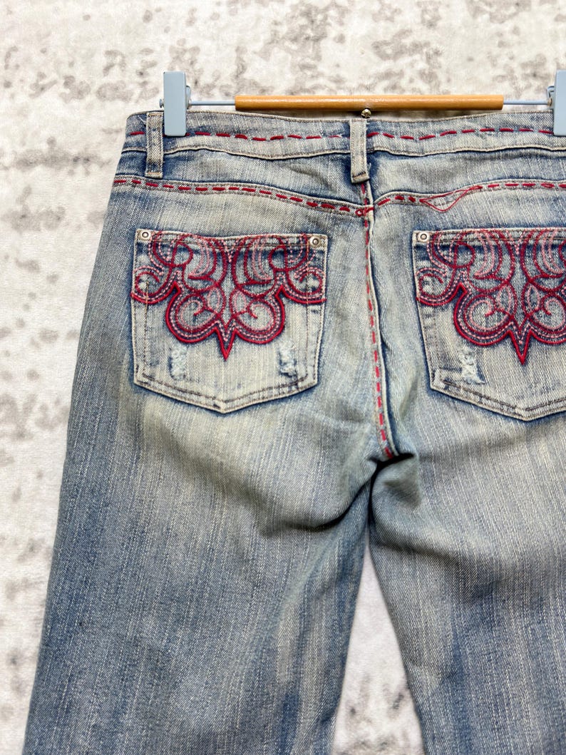 Vintage Southpole Y2K Flared Denim Jeans Tribal Embroidery Bold Graphic Washed Streetwear Hip Hop 90s Pants Size 29x33 image 12