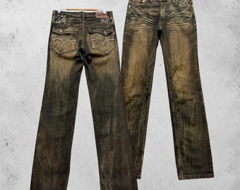 Pantalones vaqueros W30 Vintage Dermson Tribal Archive de mezclilla negra lavada, estilo urbano Y2K, talla 30x33