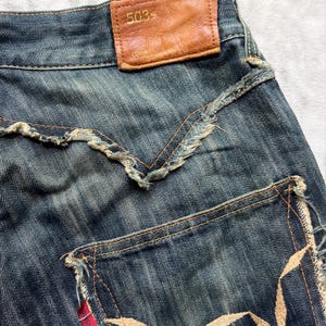 W31 Vintage Edwin 503 Slitna Utsvängda Denim Jeans Med Broderi Japansk Y2K Arkivmodell Storlek 31x27 bild 15