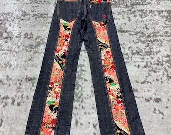 Juvenile Delinquent Wagara Kimono Panel Straight Denim Jeans Japanese Floral Patchwork Size W30x29.5