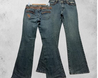 W28 Vintage Harley Davidson Y2K Bootcut Flare Jeans Leather Trim Low Rise Biker Denim Rare Archive Style Size 28x31