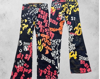 W28 mVintage Nesso Graffiti Print New York Flare Jeans Y2K Streetwear Denim Size 28x32