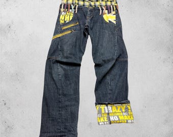 Vintage Nylaus Clothing Double Waist Punk Jeans Y2K Twisted Fit Yellow Plaid Denim Size W32x31