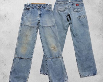 Pantalon de travail Dickies vintage W30 à genoux doubles, en denim délavé, taille 30x32