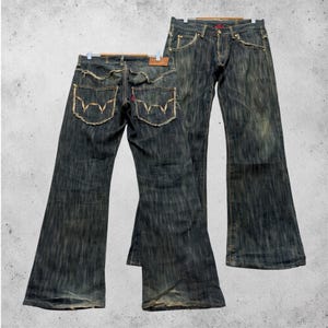 W31 Vintage Edwin 503 Slitna Utsvängda Denim Jeans Med Broderi Japansk Y2K Arkivmodell Storlek 31x27 bild 1