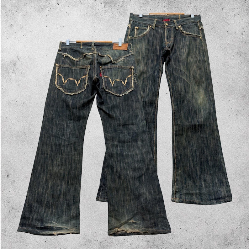 W31 Vintage Edwin 503 Slitna Utsvängda Denim Jeans Med Broderi Japansk Y2K Arkivmodell Storlek 31x27 bild 1