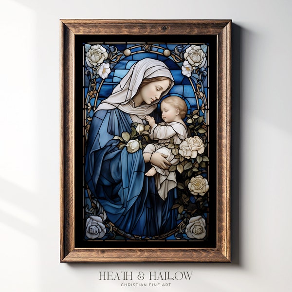 Mother Mary Stained Glass Wall Art | Modern Catholic Art | Virgin Mary and Child Artwork | Christian Prayer Room Decor | Digital File