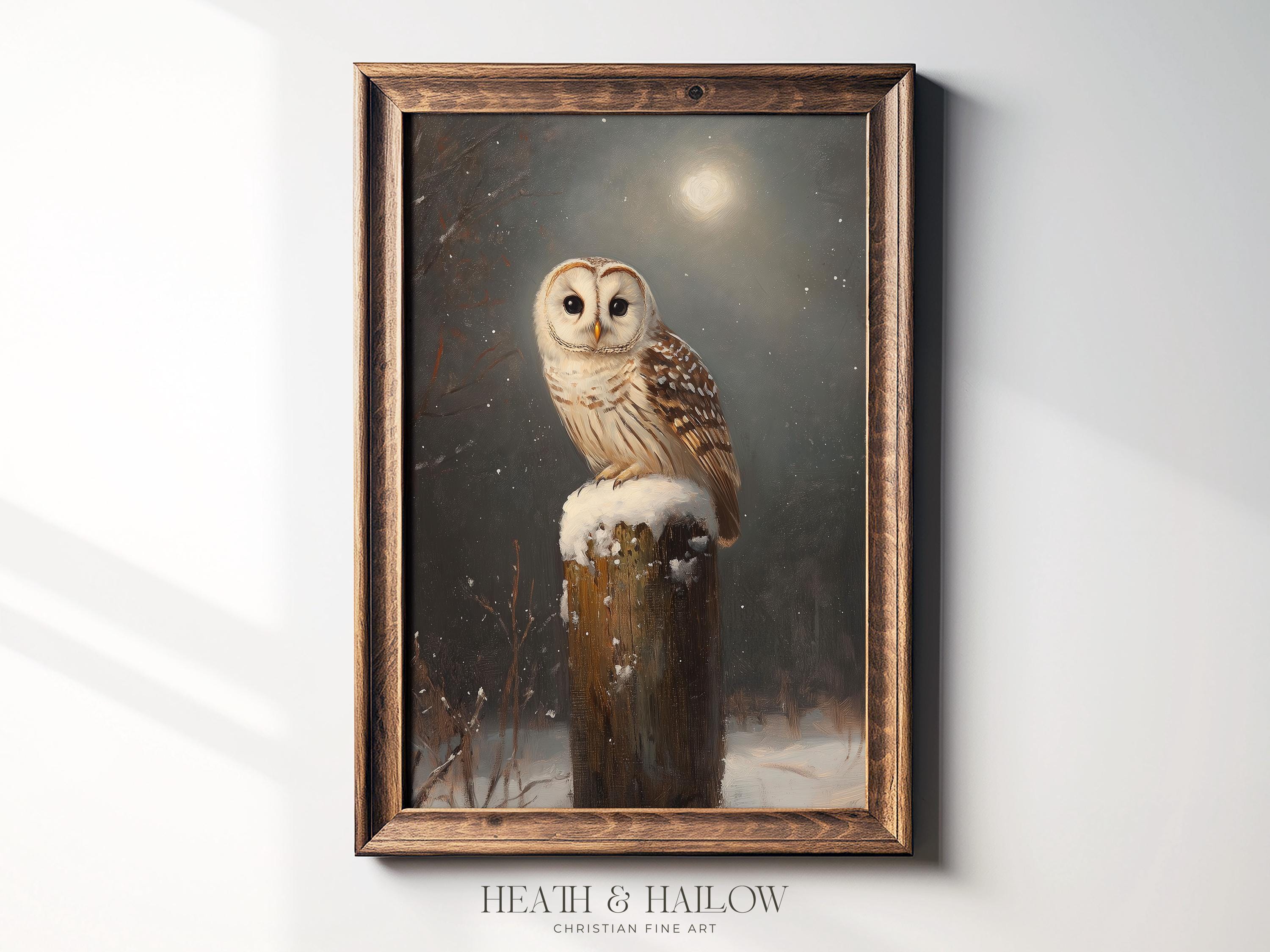 Barred Owl Printable Wall Art | Moonlit Winter Owl Painting | Woodland Cottagecore Decor | Snowy Wil