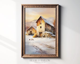 Winterschuur schilderij print, rustieke boerderij kunst aan de muur, besneeuwd landschap met kippen, gezellige cottage inrichting | Direct downloaden