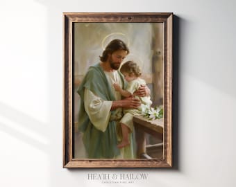 St. Joseph Holding Jesus | Catholic Printable Art | Holy Family Oil Painting Style | RCIA or Baptism Gift | Christian Fatherhood Print