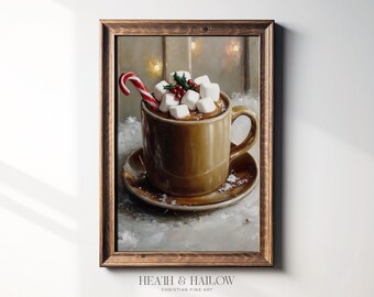 Cozy Hot Cocoa Christmas Wall Art, Vintage Oil Painting, Winter Kitchen Decor (Instant Download)