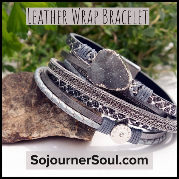 Multi-strand Leather Wrap Gray Bracelet With Magnetic Clasp | Leather Bracelet