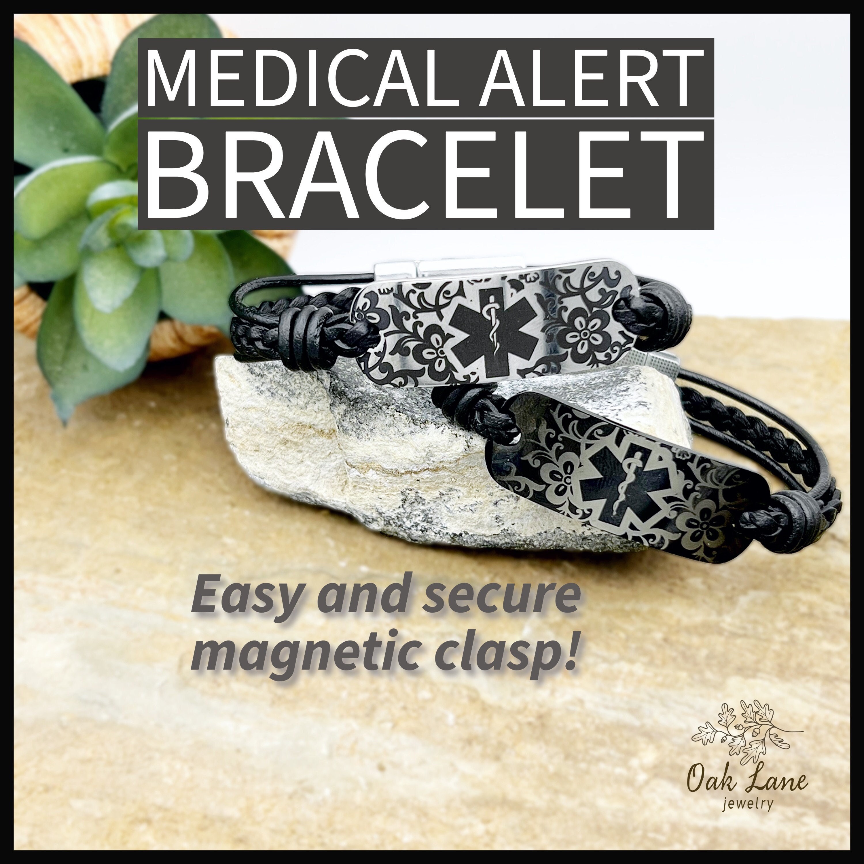 Medical Alert ID Bracelet for Women | Pretty Medical ID Tag | Leather Emergency Alert Bracelet | Easy Medical Alert ID