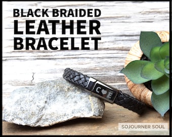 Personalized Mens Black Braided Leather Bracelet | Custom Engraved Clasp | Gift for Him
