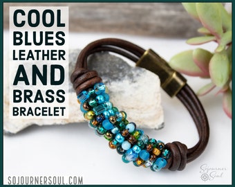 Brown Leather Bracelet | Blue Glass Bead Bracelet | Leather Jewelry for Her | Knotted Leather Bracelet