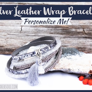 Leather Wrap Bracelet with Silver Crystals | Bracelet for Women | Silver Cuff Bracelet | Gift for Her