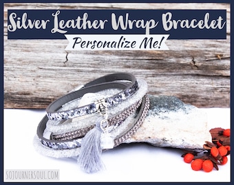 Leather Wrap Bracelet with Silver Crystals | Bracelet for Women | Silver Cuff Bracelet | Gift for Her
