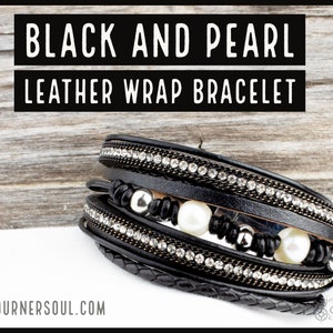 Black Leather Wrap Bracelet | Braided Double Wrap Bracelet | Sparkle with Pearl Accents Leather Double Wrap Bracelet